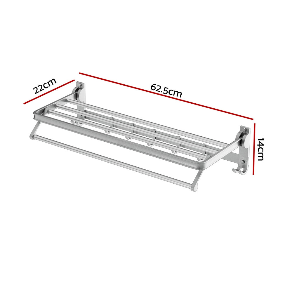 Towel Rail Rack Holder 4 Bars Wall Mounted Aluminium Foldable Hanging Hook - 0