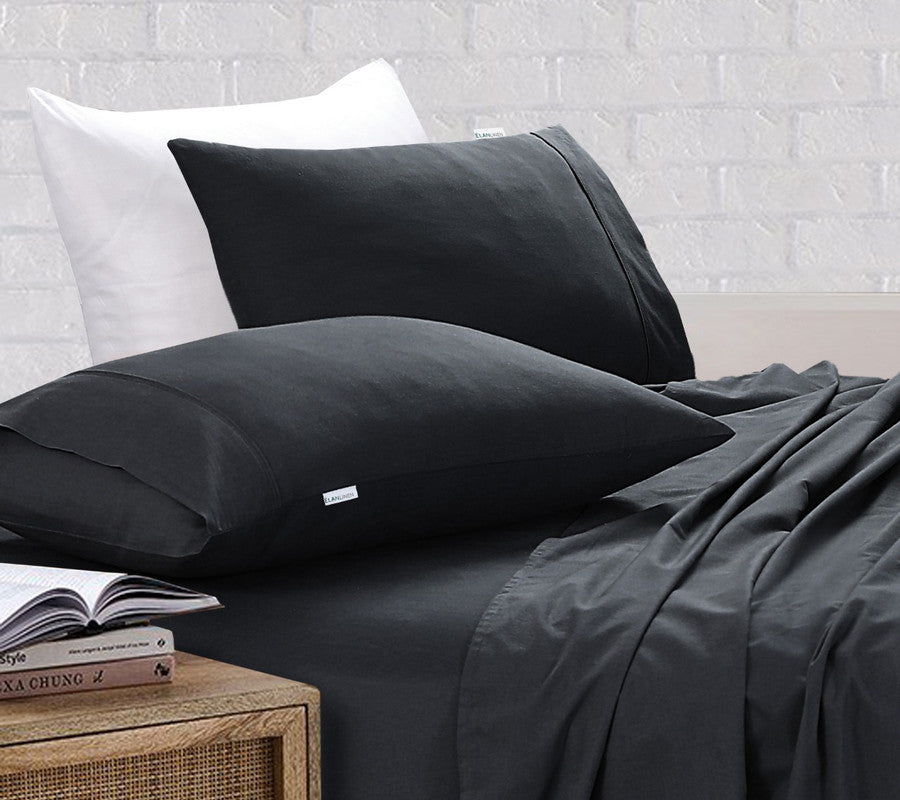Elan Linen 100% Egyptian Cotton Vintage Washed 500TC Charcoal Double Bed Sheets Set - 0