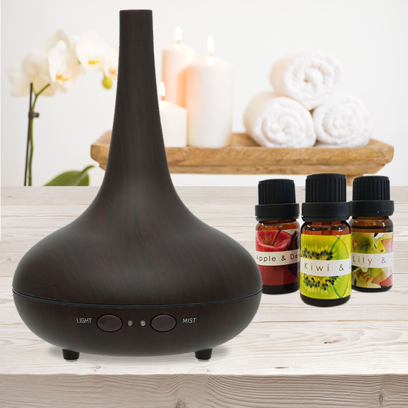 Essential Oil Diffuser Ultrasonic Humidifier Aromatherapy LED Light 200ML 3 Oils - Dark Wood Grain - 0