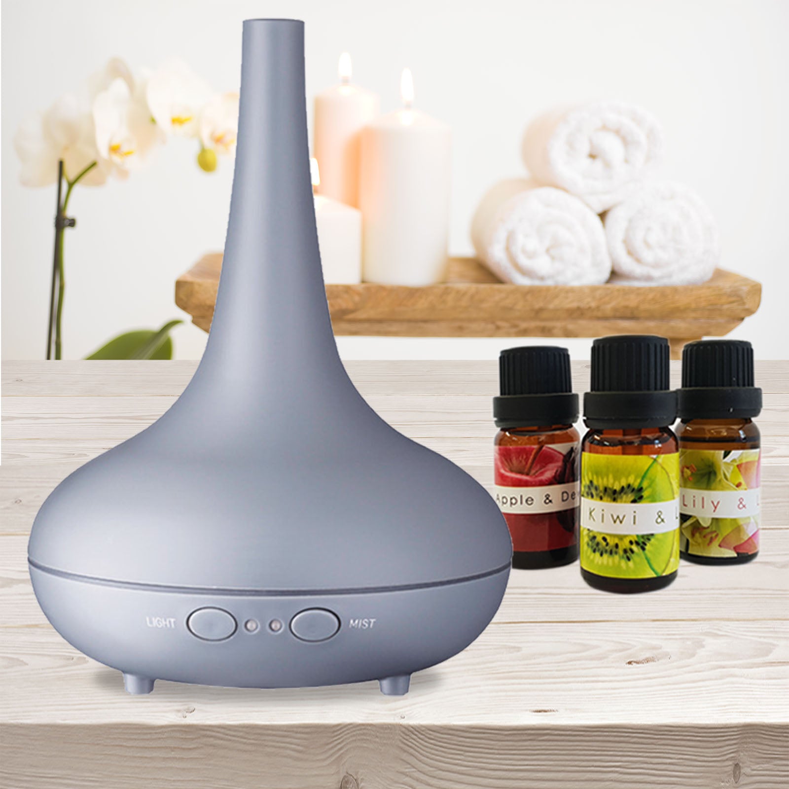 Essential Oil Diffuser Ultrasonic Humidifier Aromatherapy LED Light 200ML 3 Oils - Matte Grey - 0