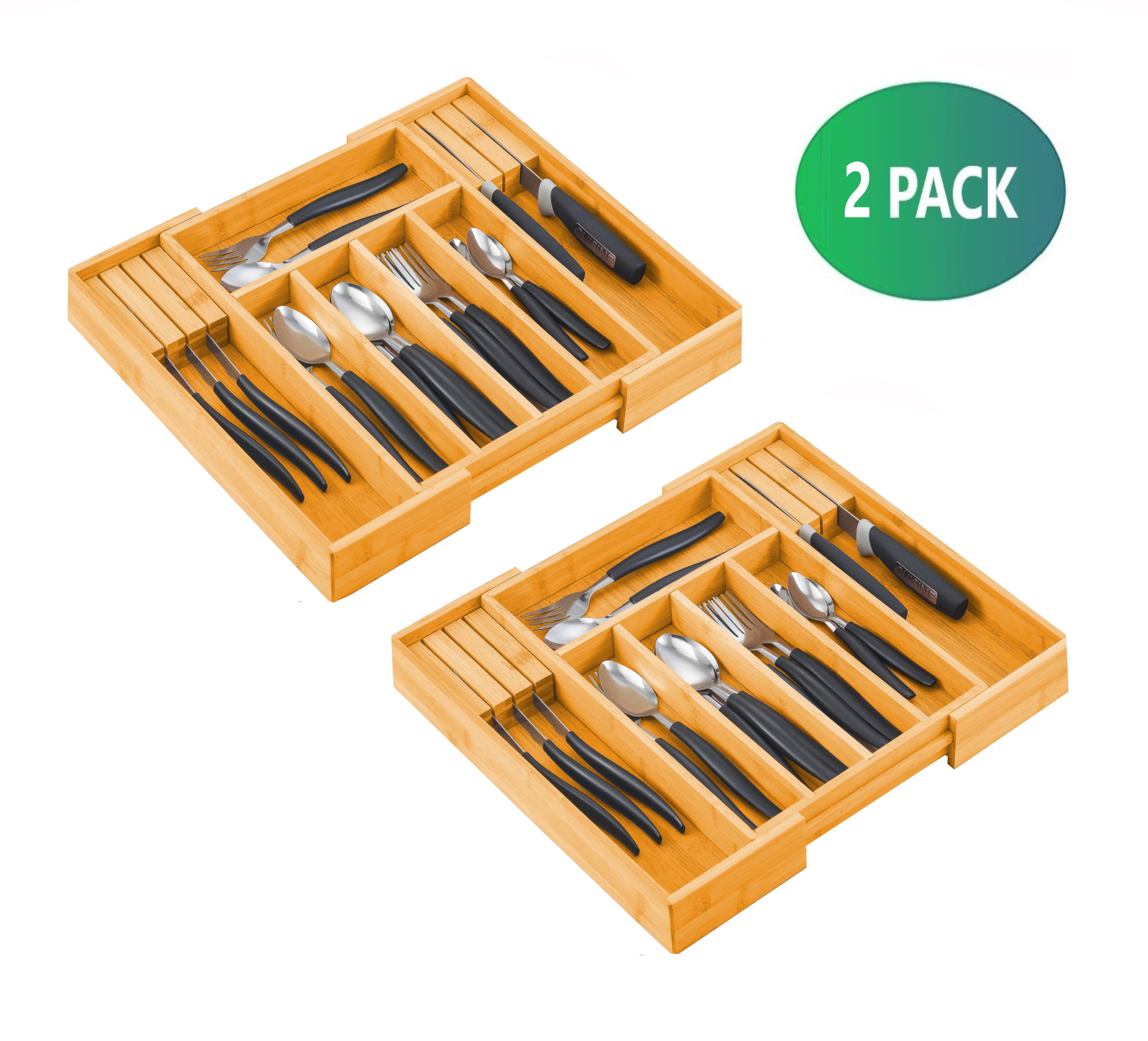 2 Pack Large Capacity Bamboo Expandable Drawer Organizer with Knife Block Holder for Home Kitchen Utensils - 0