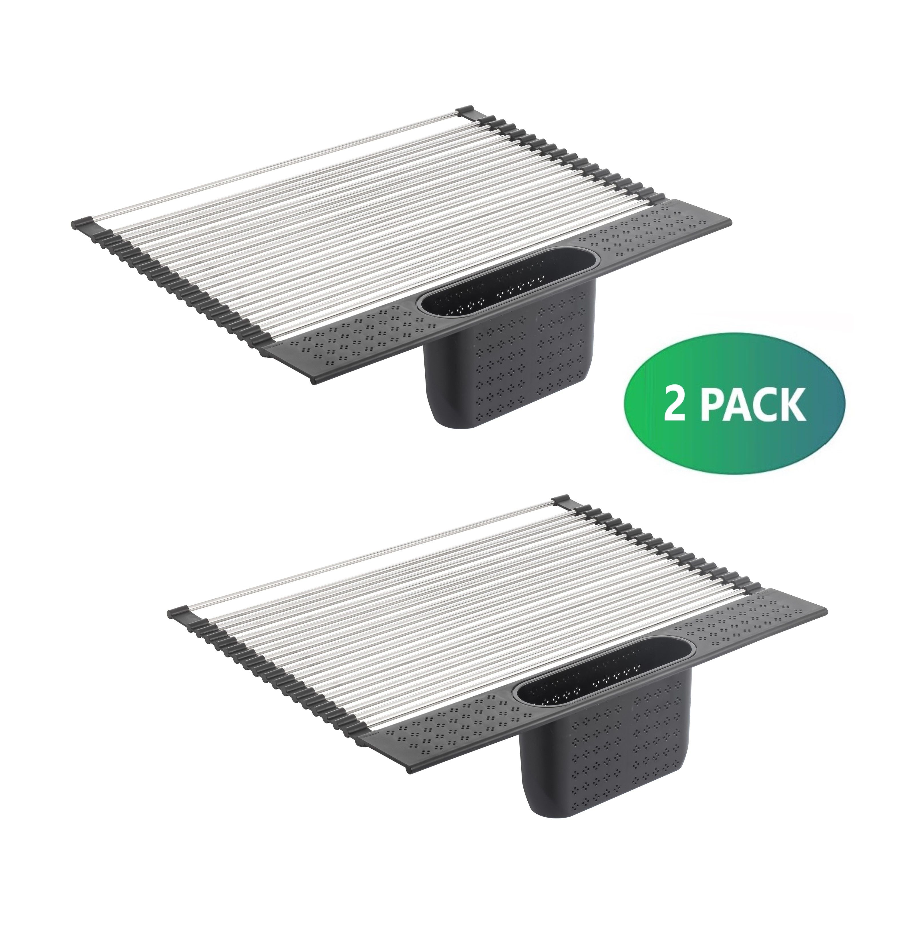 2 Pack Large Stainless Steel Roll Up Dish Drying Rack with Utensil Holder for Home Kitchen - 0