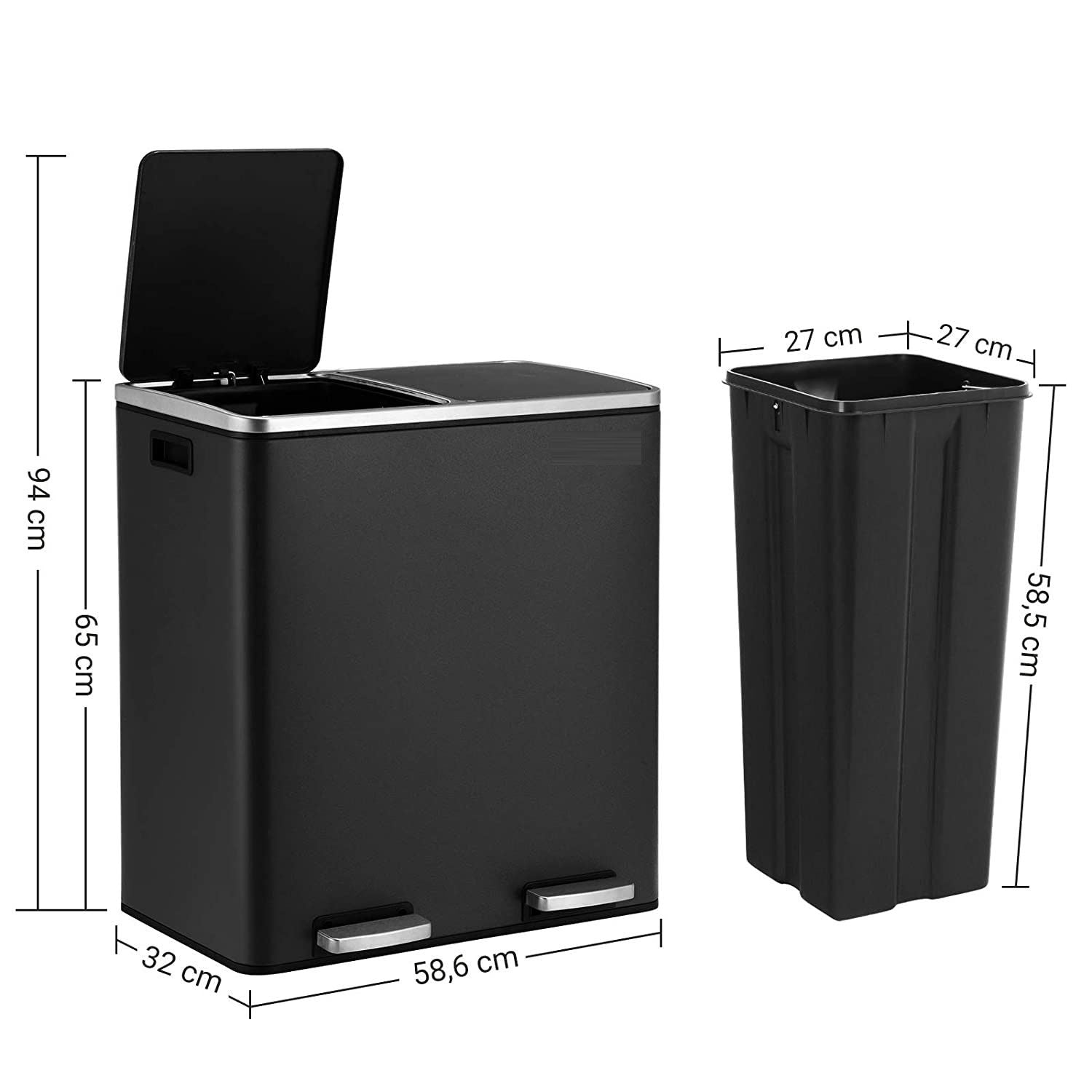 Kitchen Dual Recycling Bin 30L, Black - 0