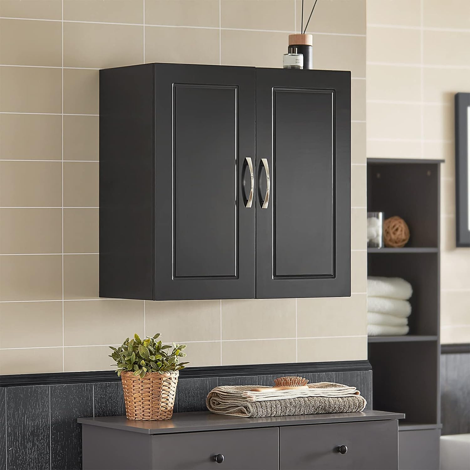 Wall Storage Cabinet Double Doors, Black - 0