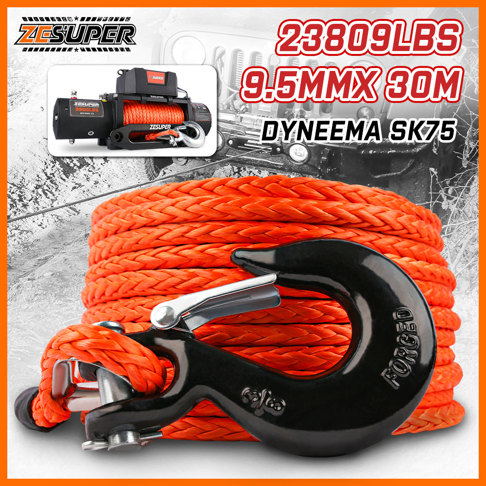 ZESUPER Winch Rope 9.5MM X 30M Dyneema SK75 Hook Synthetic Car Tow Recovery Cable Hook - 0