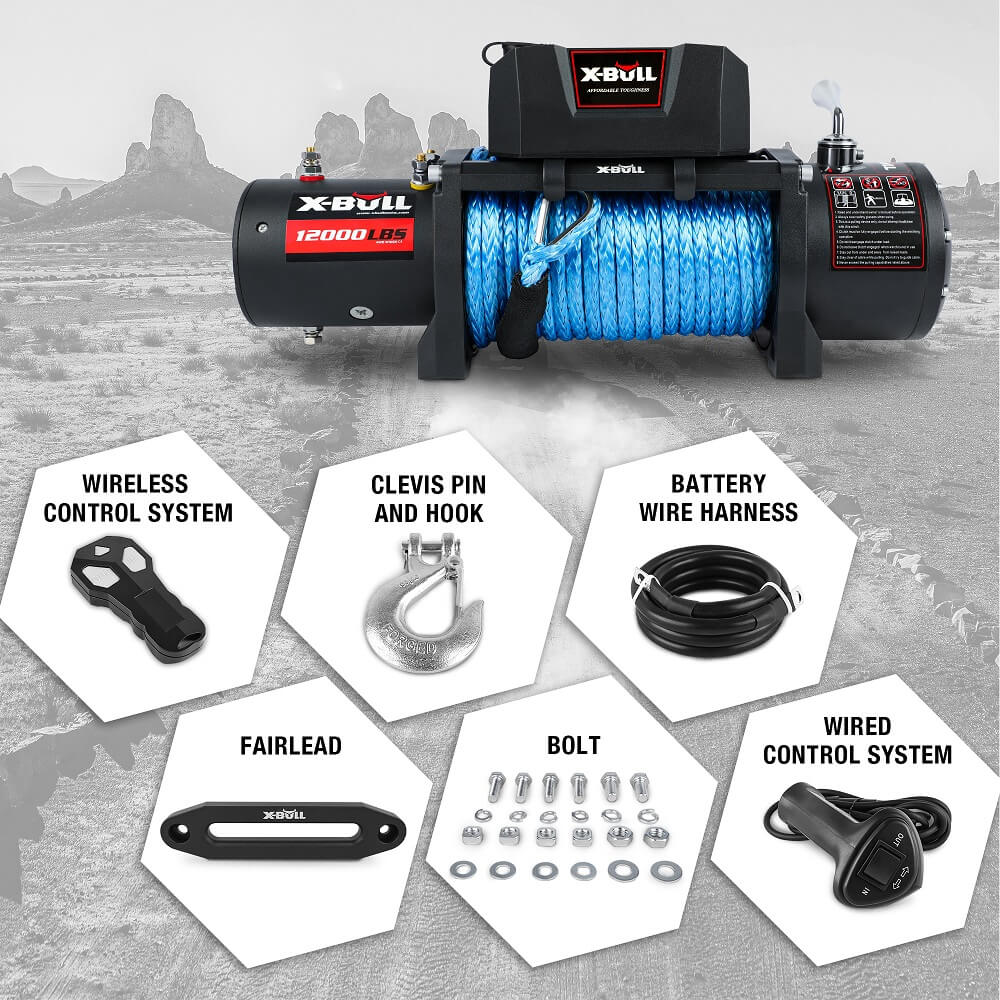 X-BULL 12V Electric Winch 12000LBS synthetic rope with 4PCS Recovery Tracks Gen3.0 Black - 0