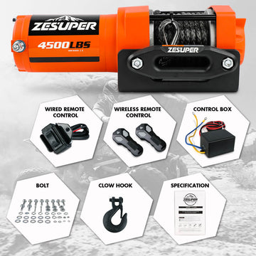 ZESUPER 12V Electric Winch 4500lb Synthetic Rope Boat Winch ATV Winch Trailer Winch 4WD - 0
