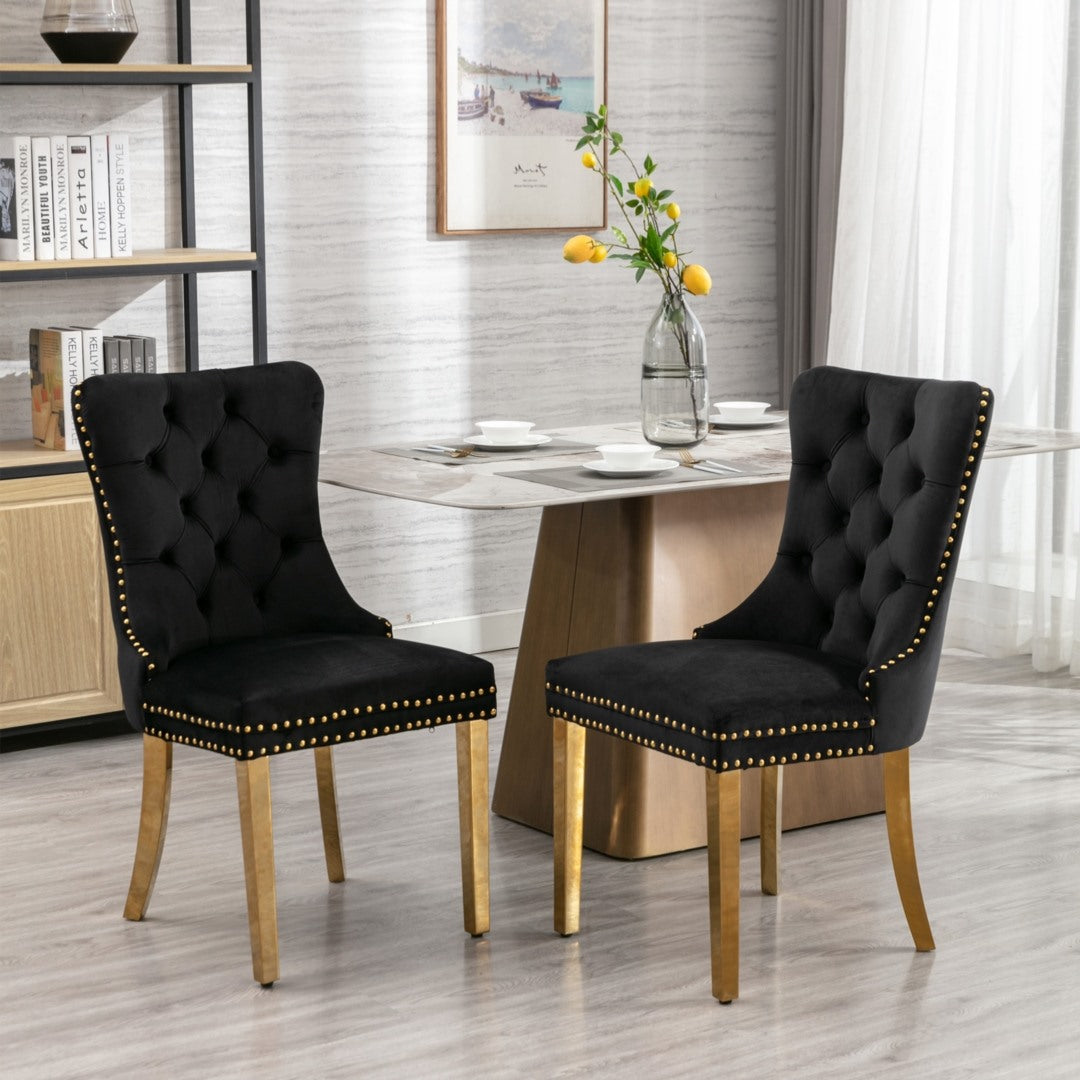 4x Velvet Dining Chairs with Golden Metal Legs-Black - 0