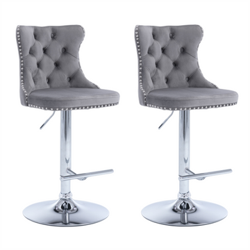 4x Height Adjustable Swivel Bar Stool Velvet Stud Barstool with Footrest and Chromed Base- Gray - 0