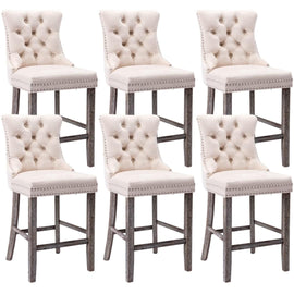 6X Velvet Bar Stools with Studs Trim Wooden Legs Tufted Dining Chairs Kitchen