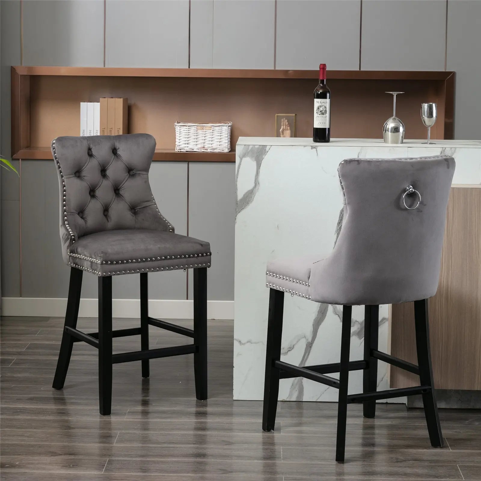 4X Velvet Bar Stools with Studs Trim Wooden Legs Tufted Dining Chairs Kitchen - 0