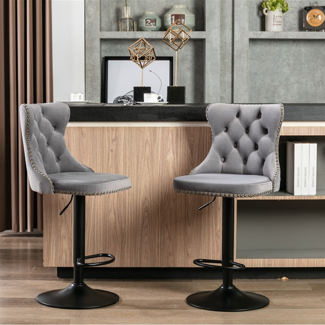 4x Height Adjustable Swivel Bar Stool Velvet Nailhead Barstool with Footrest - 0