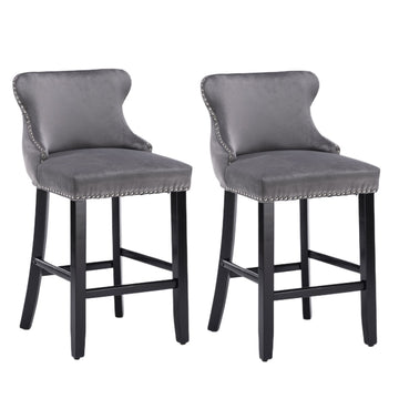 4x Velvet Upholstered Button Tufted Bar Stools with Wood Legs and Studs-Grey - 0