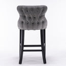 4x Velvet Upholstered Button Tufted Bar Stools with Wood Legs and Studs-Grey-7