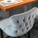 4x Velvet Upholstered Button Tufted Bar Stools with Wood Legs and Studs-Grey-12