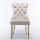 4x Velvet Dining Chairs Upholstered Tufted Kithcen Chair with Solid Wood Legs Stud Trim and Ring-Beige-4