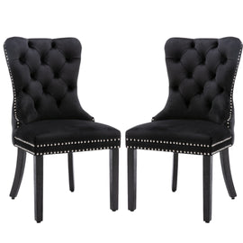 6x Velvet Dining Chairs Upholstered Tufted Kithcen Chair with Solid Wood Legs Stud Trim and Ring-Black - 0