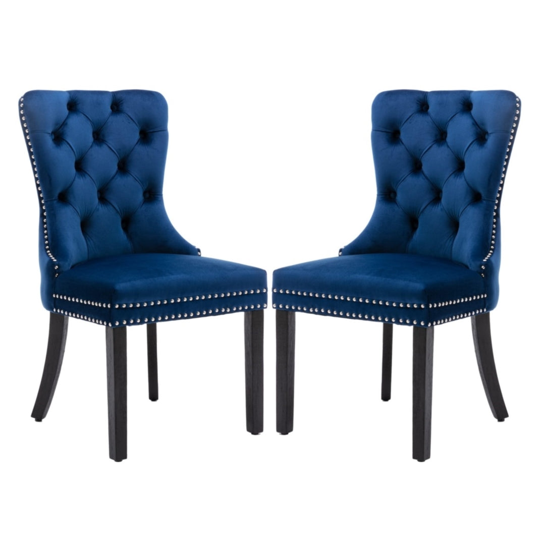 8x Velvet Dining Chairs Upholstered Tufted Kithcen Chair with Solid Wood Legs Stud Trim and Ring-Blue - 0