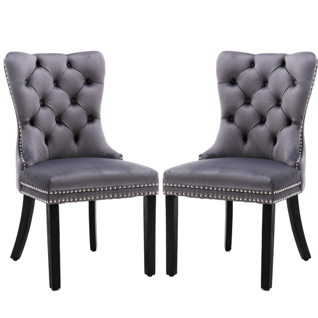 8x Velvet Dining Chairs Upholstered Tufted Kithcen Chair with Solid Wood Legs Stud Trim and Ring-Gray - 0