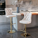 4x Height Adjustable Swivel Bar Stool Velvet Studs Barstool with Footrest and Golden Base- Beige-9