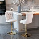 4x Height Adjustable Swivel Bar Stool Velvet Studs Barstool with Footrest and Golden Base- Beige-15