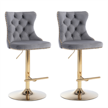 4x Height Adjustable Swivel Bar Stool Velvet Studs Barstool with Footrest and Golden Base- Grey - 0