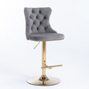 4x Height Adjustable Swivel Bar Stool Velvet Studs Barstool with Footrest and Golden Base- Grey-3
