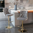 4x Height Adjustable Swivel Bar Stool Velvet Studs Barstool with Footrest and Golden Base- Grey-8
