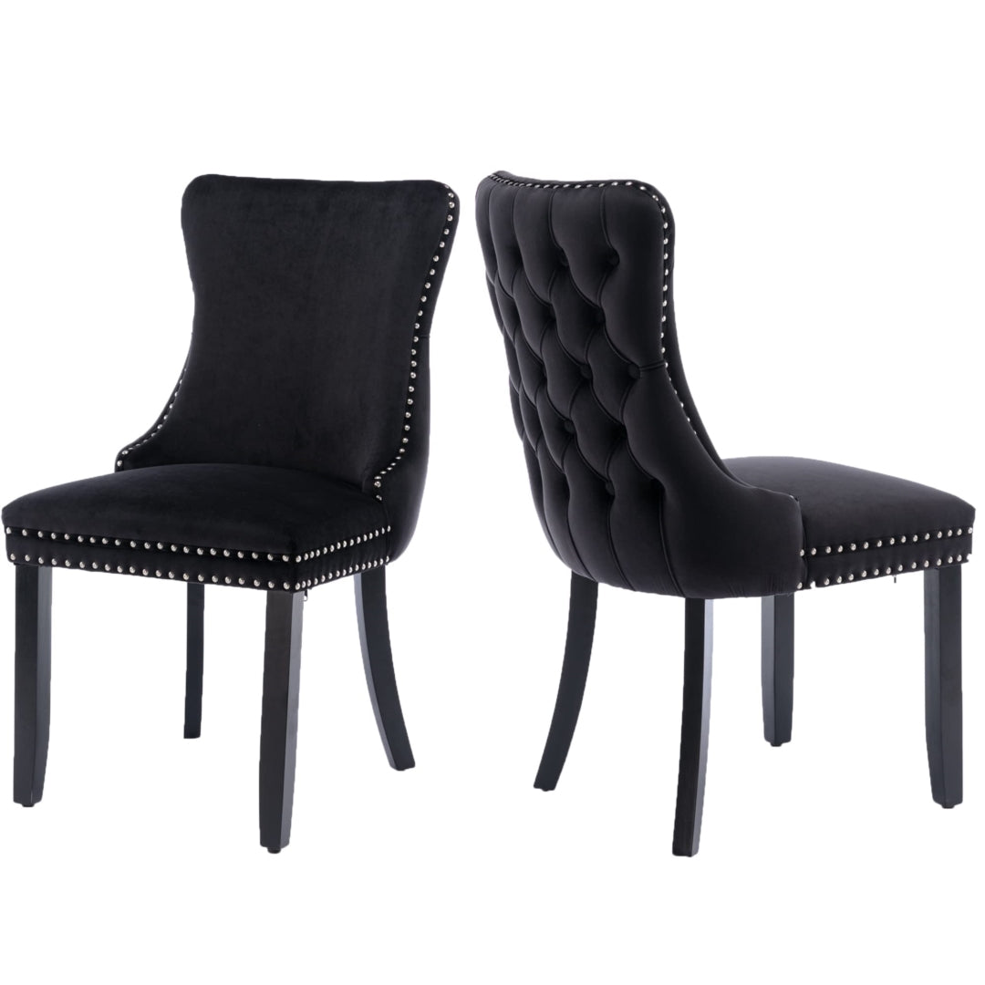 4x Velvet Upholstered Dining Tufted Chairs with Studs Trim and Solid Wood Legs-Black - 0