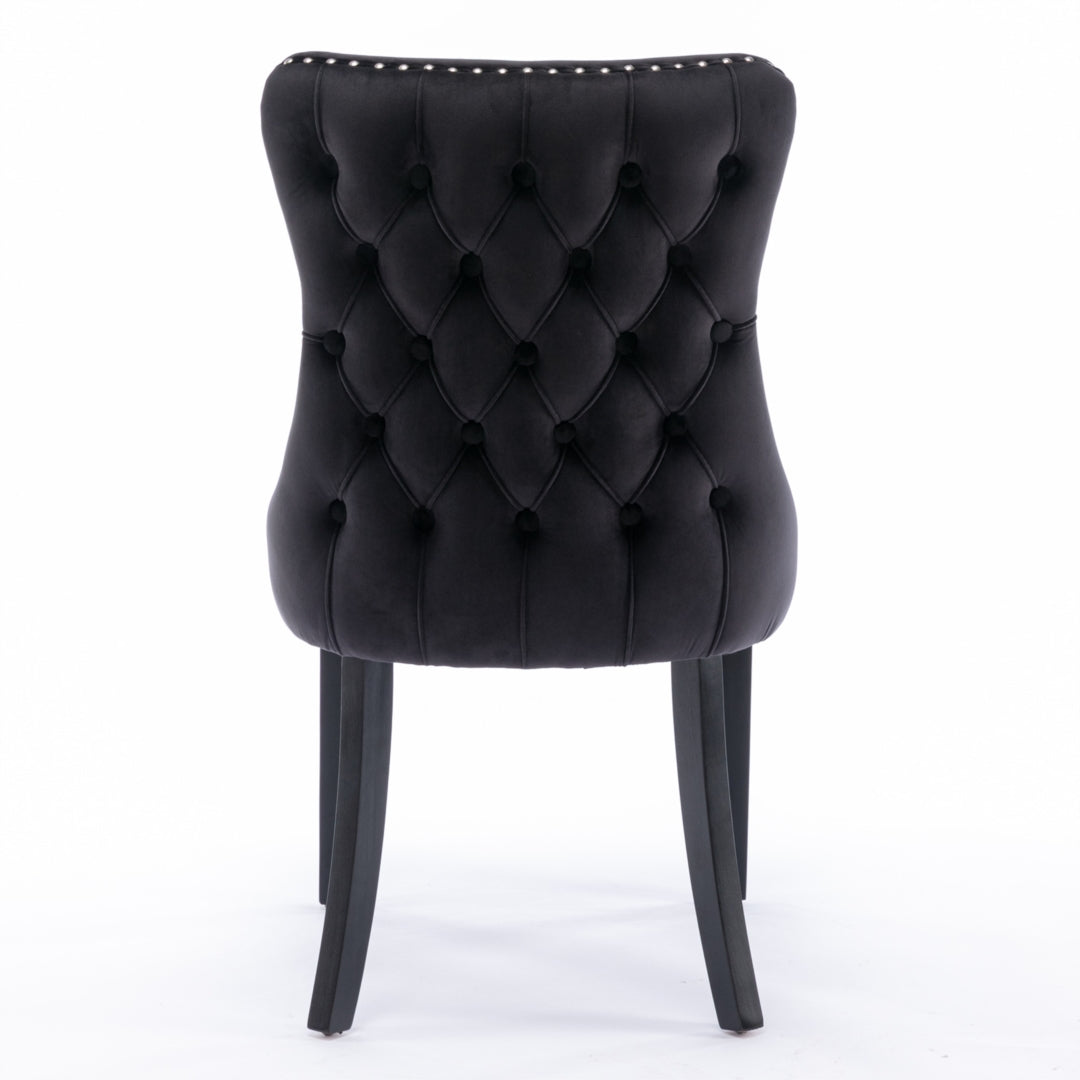 6x Velvet Upholstered Dining Tufted Chairs with Studs Trim and Solid Wood Legs-Black