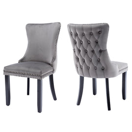 8x Velvet Upholstered Dining Chairs Tufted Wingback Side Chair with Studs Trim Solid Wood Legs for Kitchen - 0