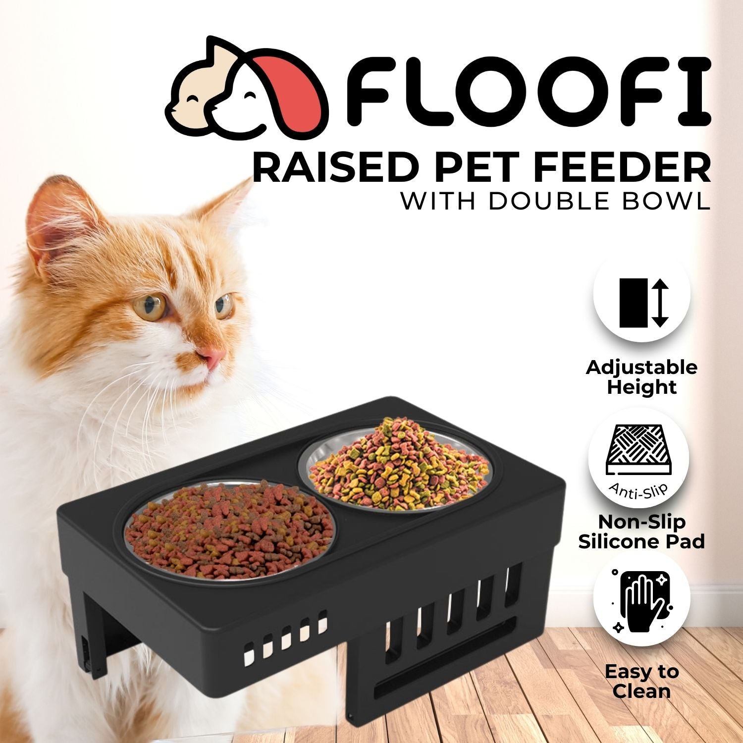 FLOOFI Elevated Raised Pet Feeder with Double Bowl (Black) - 0