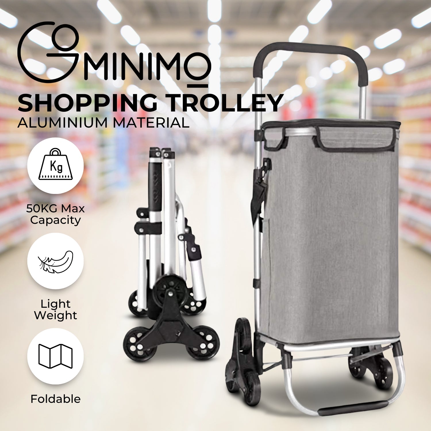 GOMINIMO Foldable Aluminum Shopping Trolley Cart with Tri-Wheel (Grey) - 0