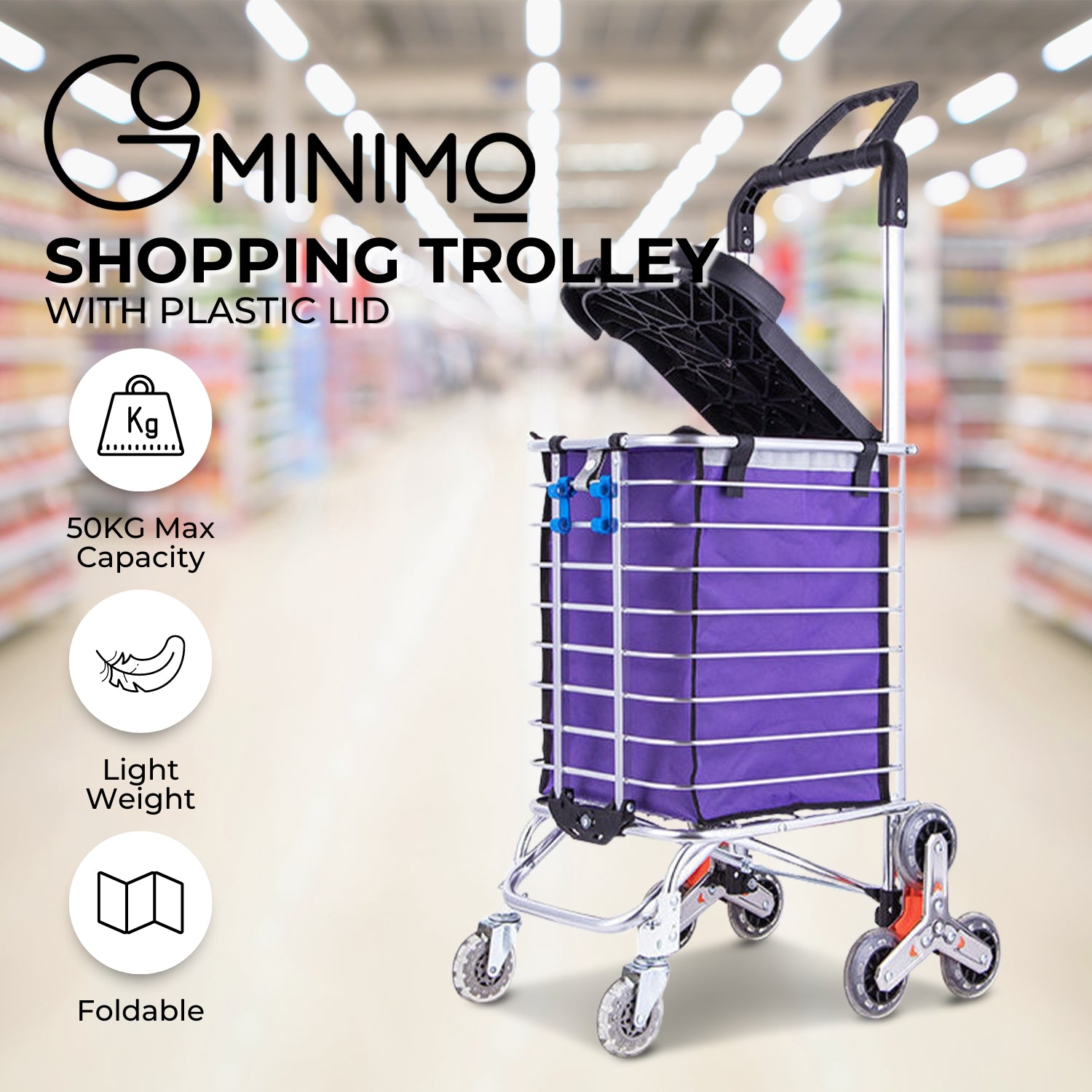 GOMINIMO Foldable Aluminum Shopping Trolley Cart with Wheels and Lids (Purple and Silver) - 0