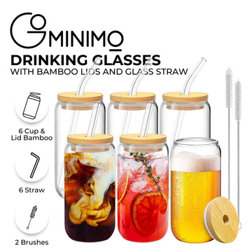 GOMINIMO 6 Pcs Clear Drinking Glasses with Bamboo Lids and Glass Straw(16 Oz ) - 0