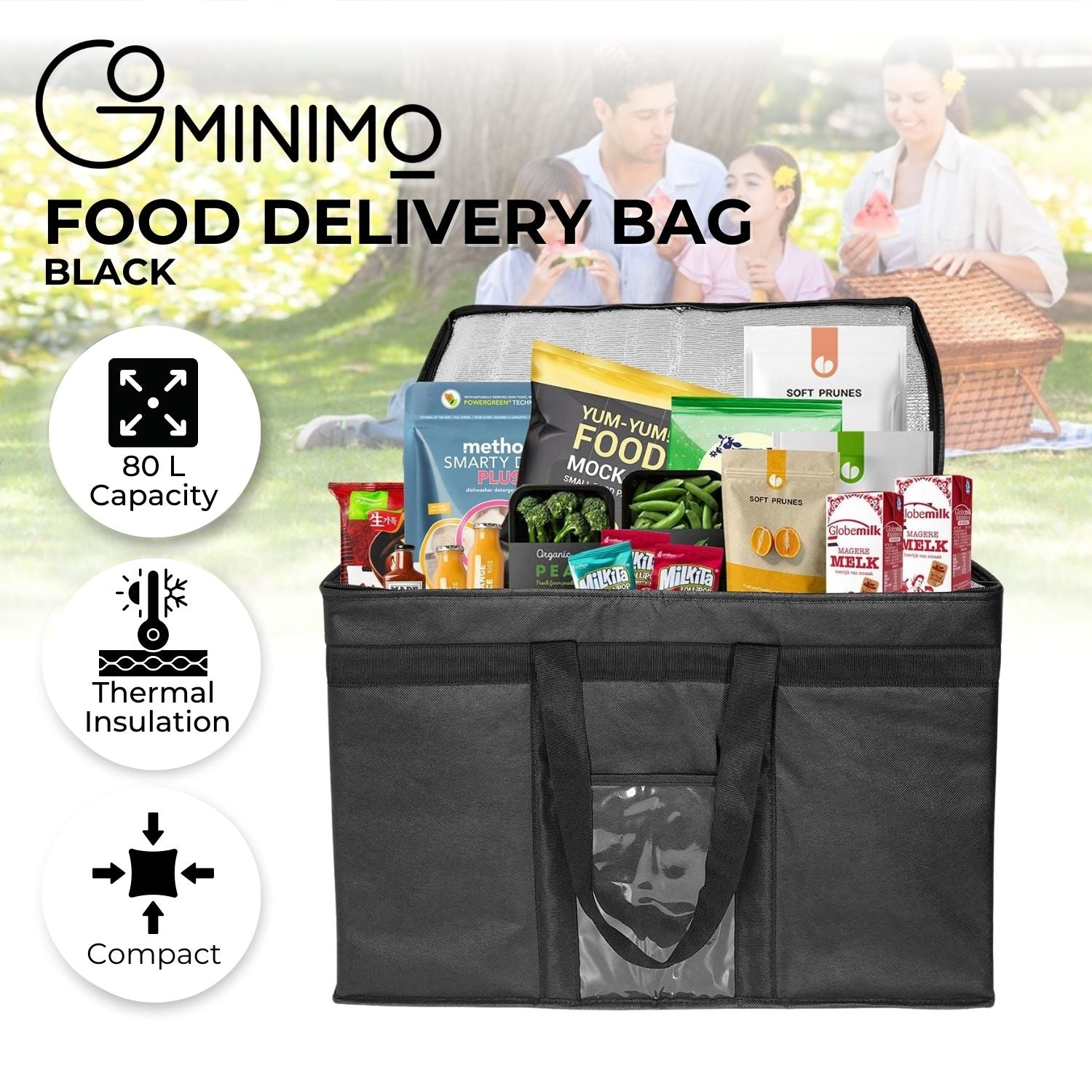 GOMINIMO 80L Large Insulated Food Delivery Bag with Zipper Closure (Black) - 0