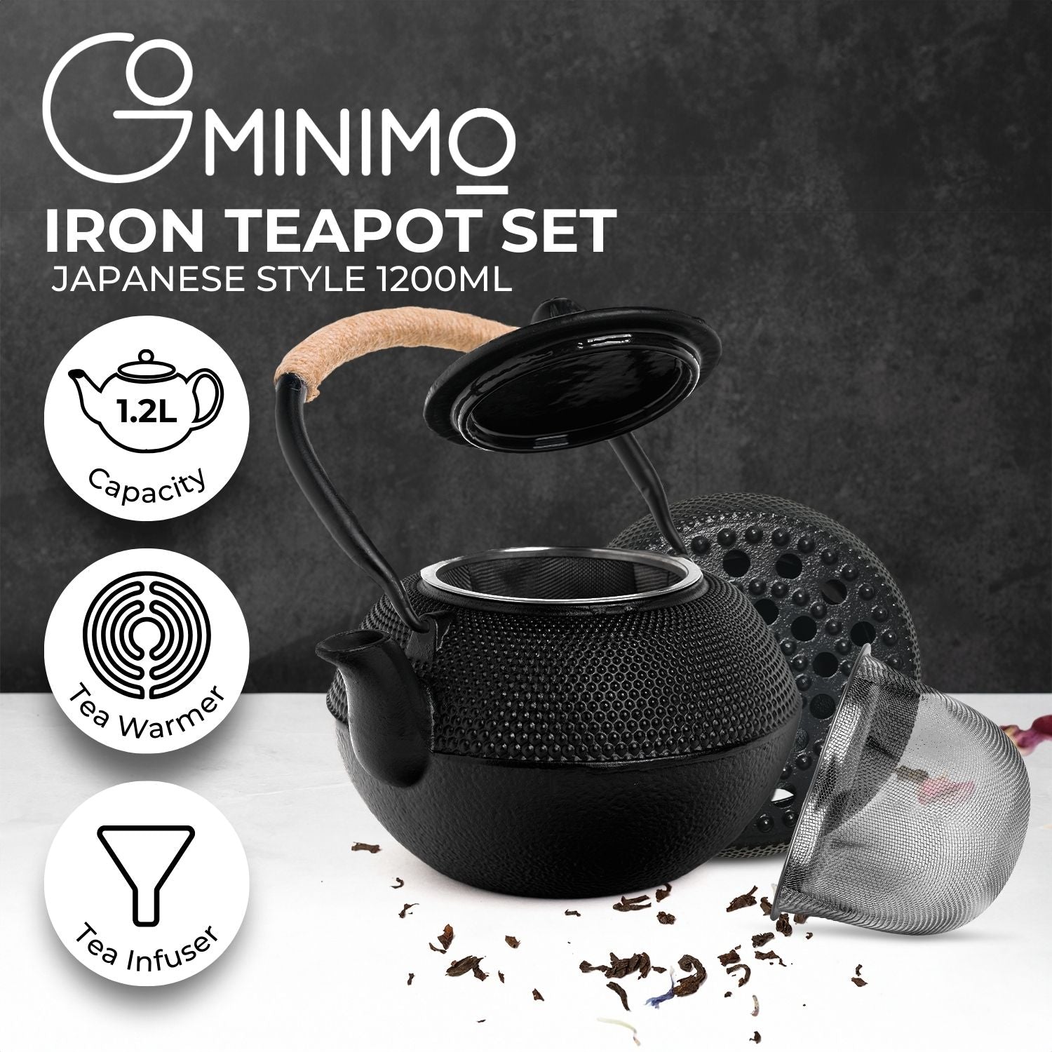 GOMINIMO 1200ML Iron Teapot with Filter and Warmer - 0