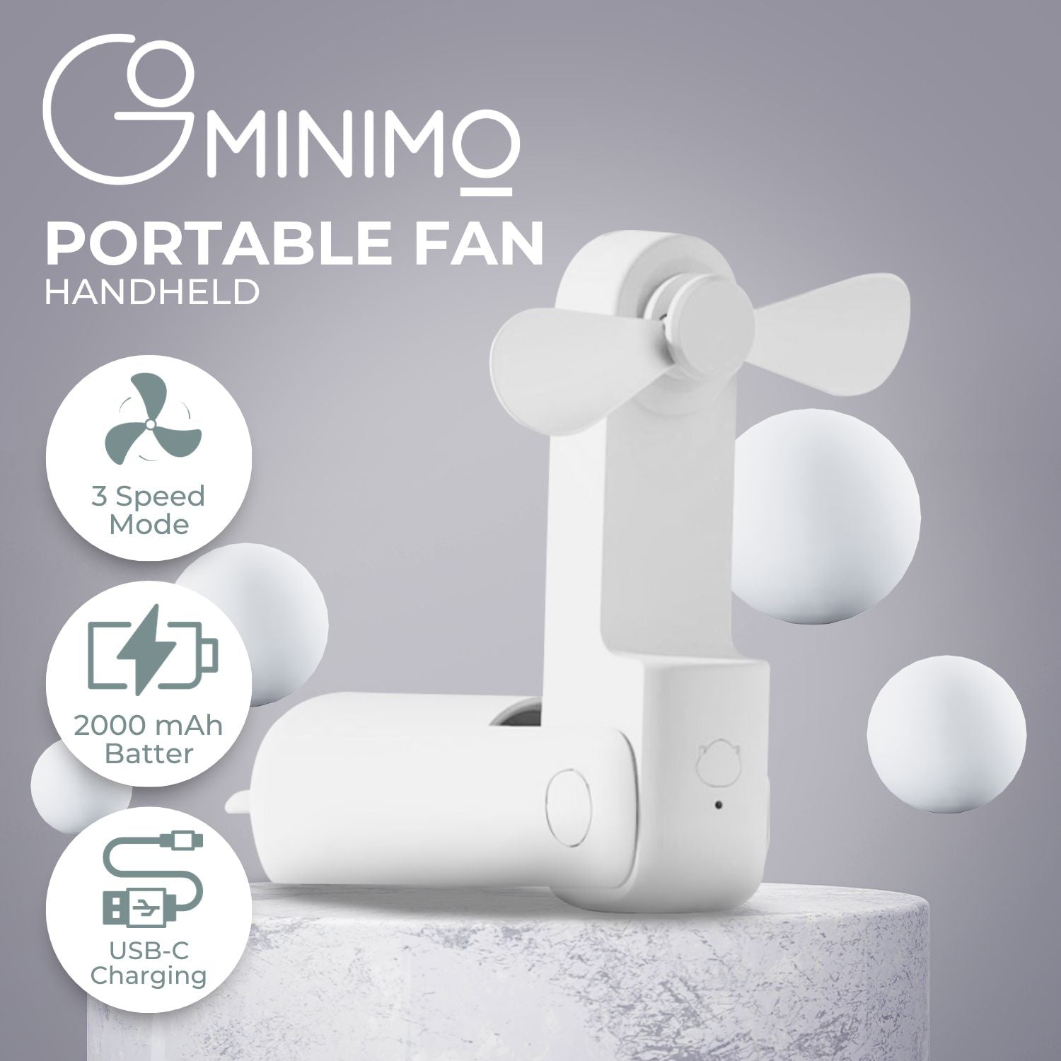 GOMINIMO USB Rechargeable Portable Handheld Fan with 3 Speed(White) - 0