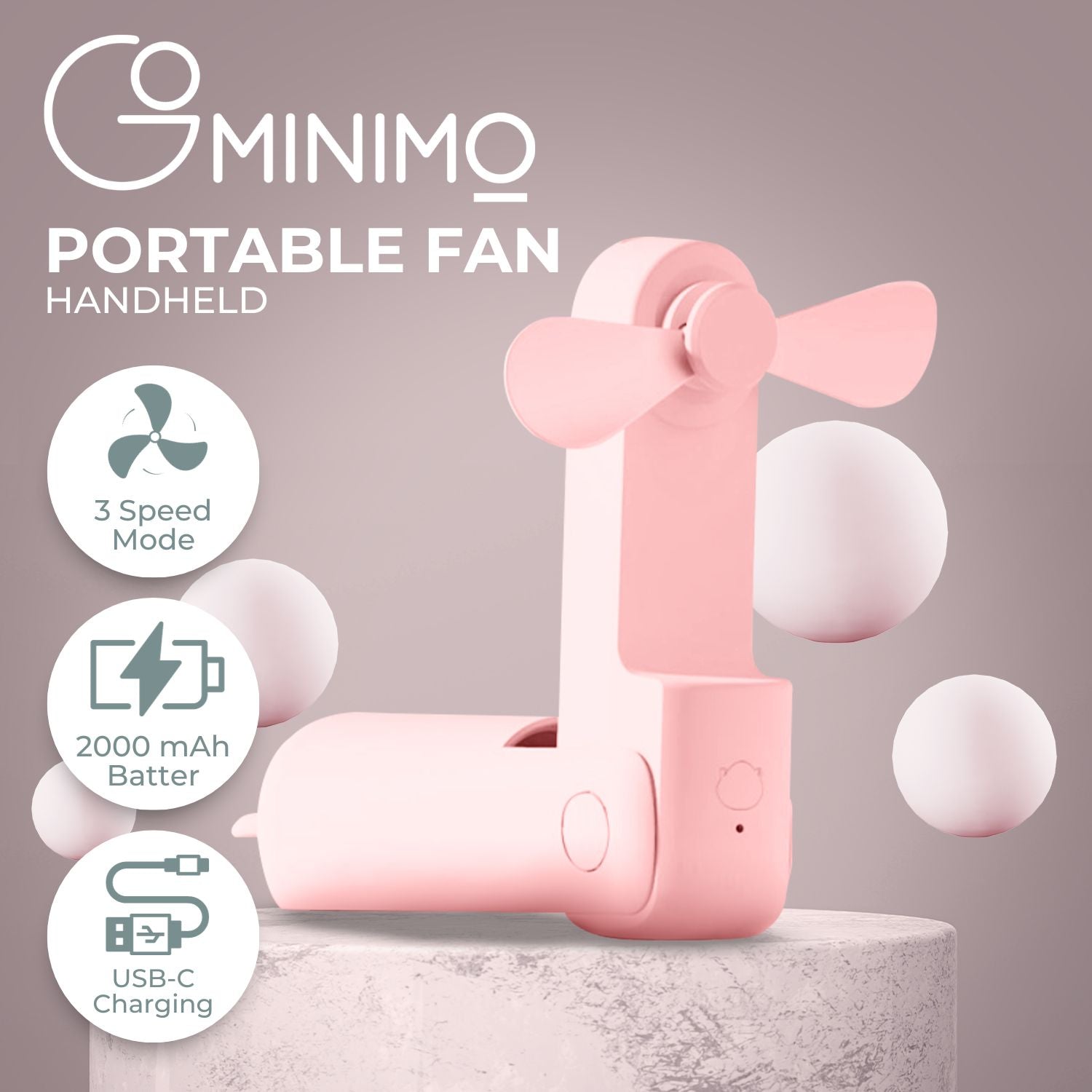 GOMINIMO USB Rechargeable Portable Handheld Fan with 3 Speed(Pink) - 0