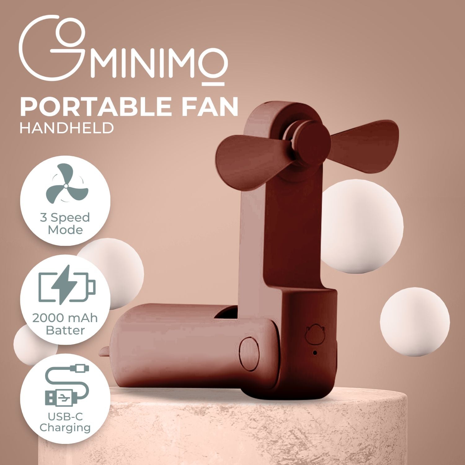 GOMINIMO USB Rechargeable Portable Handheld Fan with 3 Speed(Brown)
