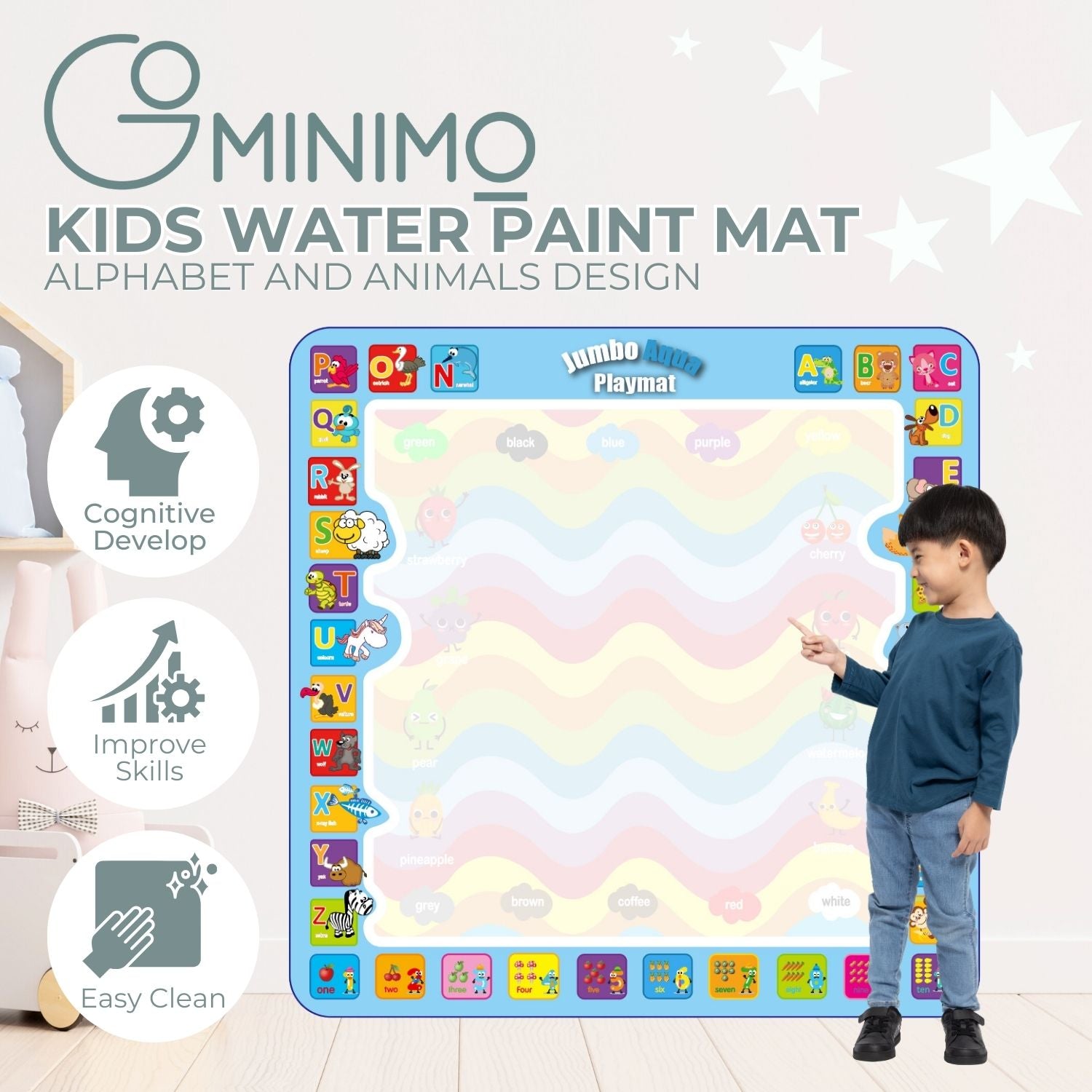 GOMINIMO Kids Water Paint Mat with Alphabet and Animals Design (1m x 1m) - 0