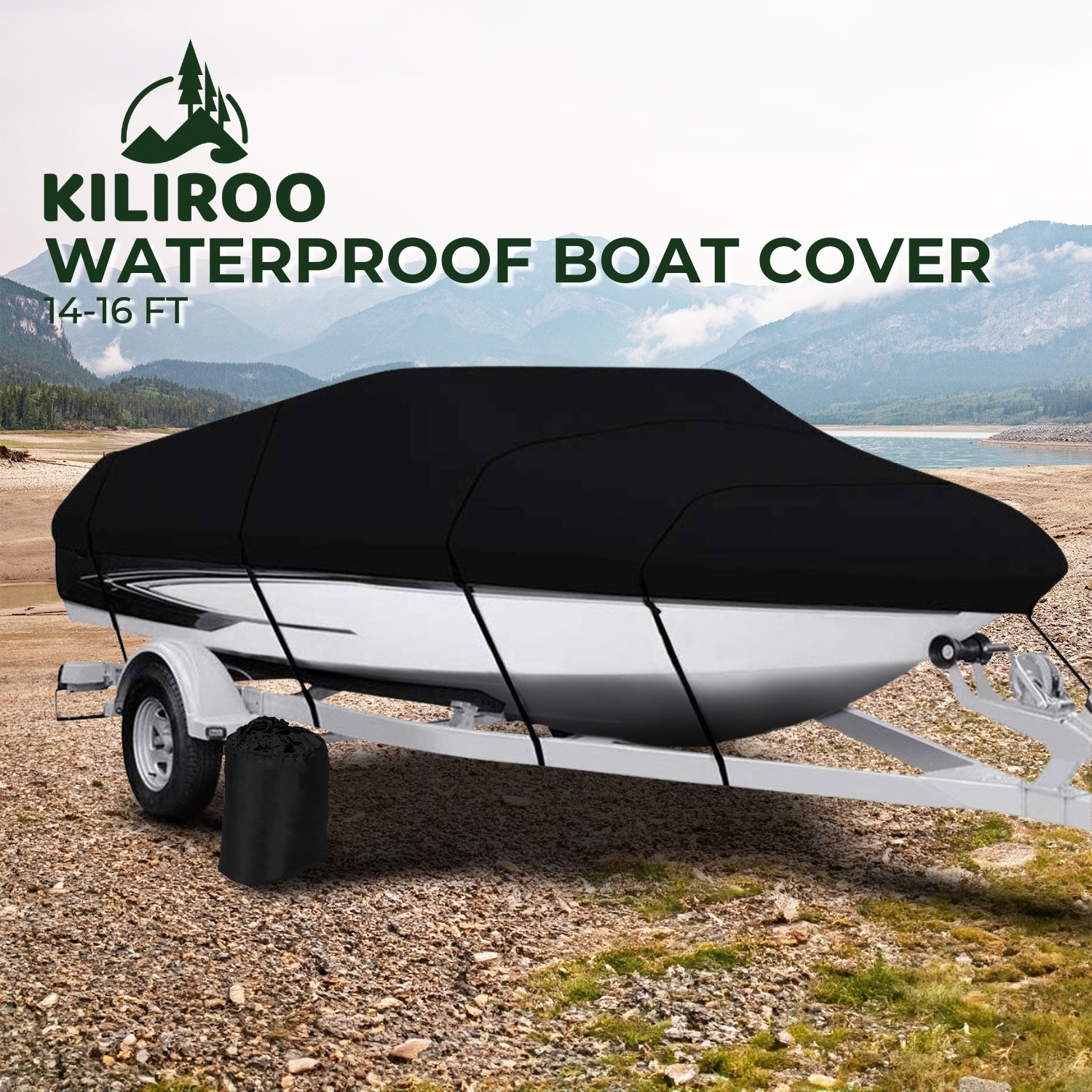 KILIROO 14-16 FT Waterproof Boat Cover (Black) - 0