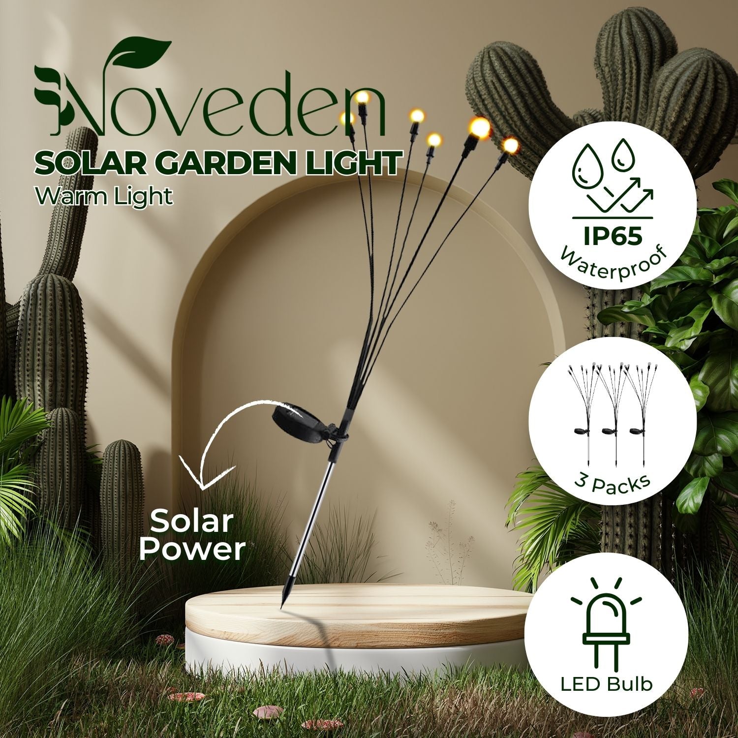 NOVEDEN 3 Pieces Solar Powered Firefly Lights (Warm) - 0