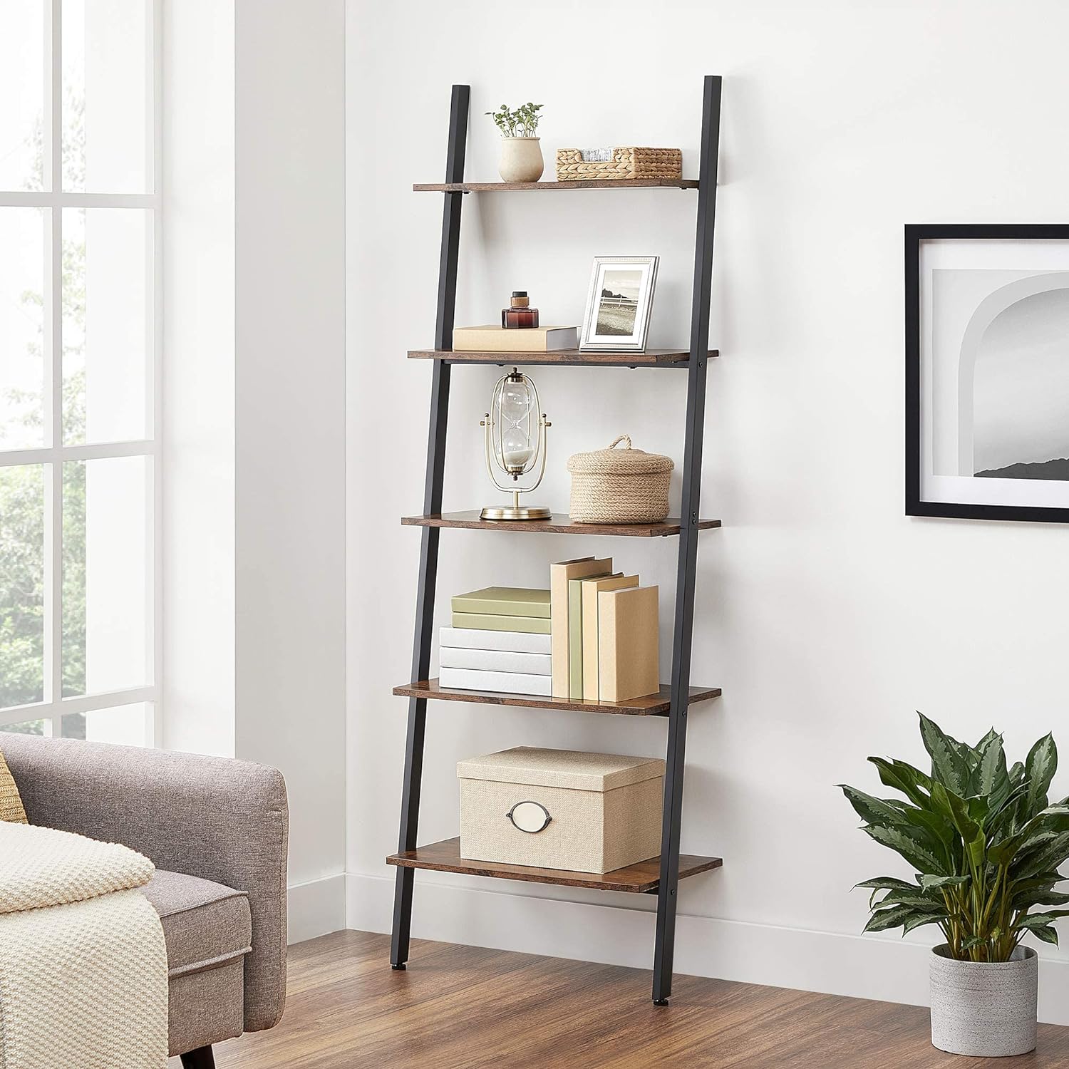 VASAGLE Industrial Ladder Shelf 5-Tier Bookshelf Rack Wall Shelf for Living Room Kitchen Office Stable Steel Leaning Against the Wall Rustic Brown and Black - 0