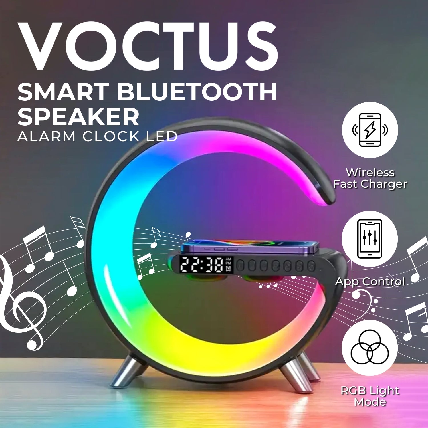 VOCTUS 5 in 1 Bedside Table Lamp with 15W Quick Wireless Charger (Black) - 0