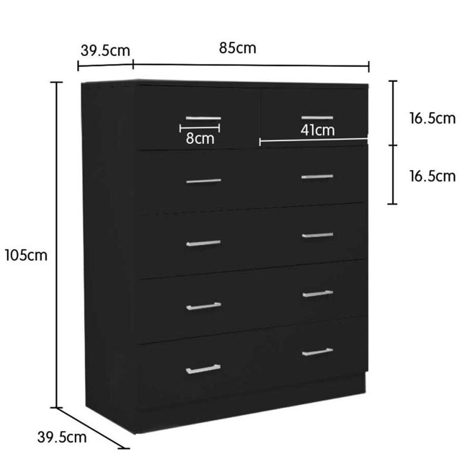 Sarantino Tallboy Dresser 6 Chest Of Drawers Table Cabinet Bedroom Storage Black - 0