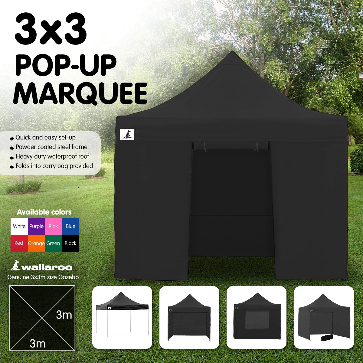 Wallaroo Gazebo Tent Marquee 3x3 PopUp Outdoor Black - 0