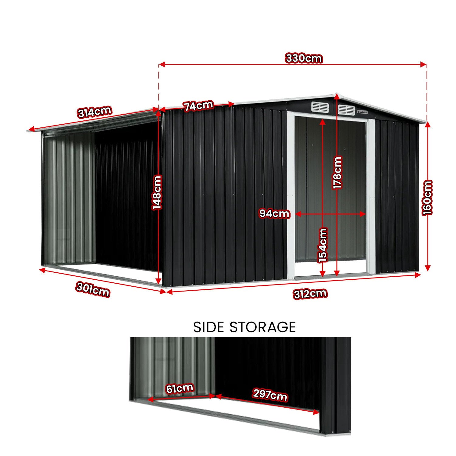 Wallaroo Garden Shed with Semi-Closed Storage 10*8FT - Black - 0