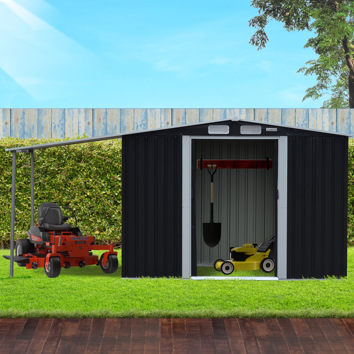 Wallaroo 4x8ft Zinc Steel Garden Shed with Open Storage - Black