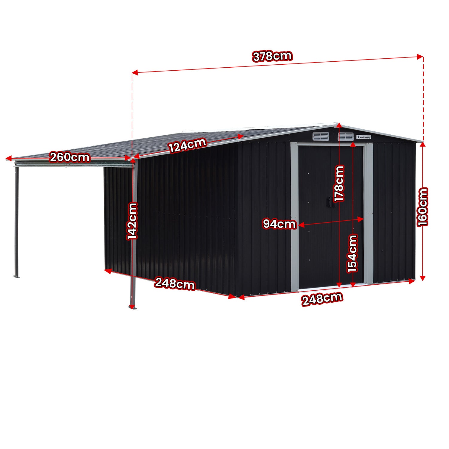 Wallaroo 8x8ft Zinc Steel Garden Shed with Open Storage - Black - 0